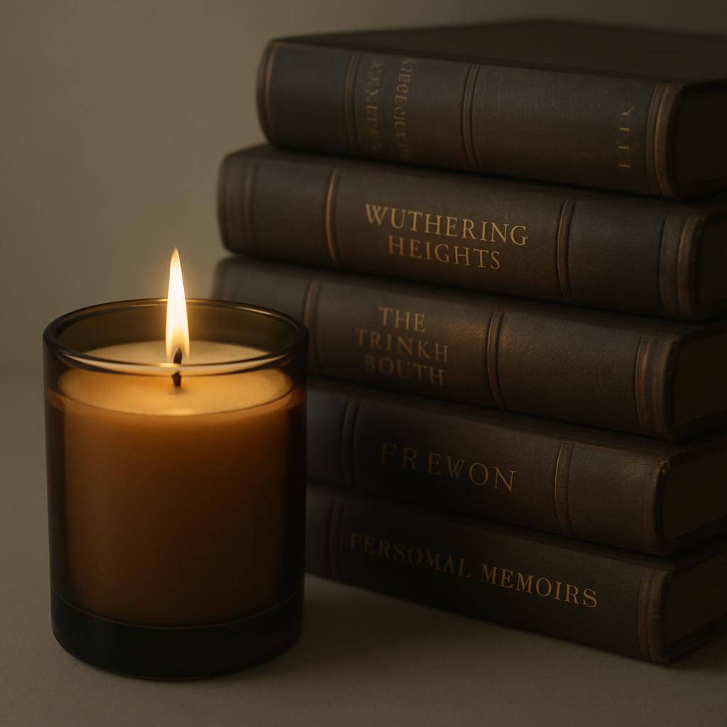 A burning candle stands next to a stack of dark leather books in varying orientations, with tart hues on dark leather in a...